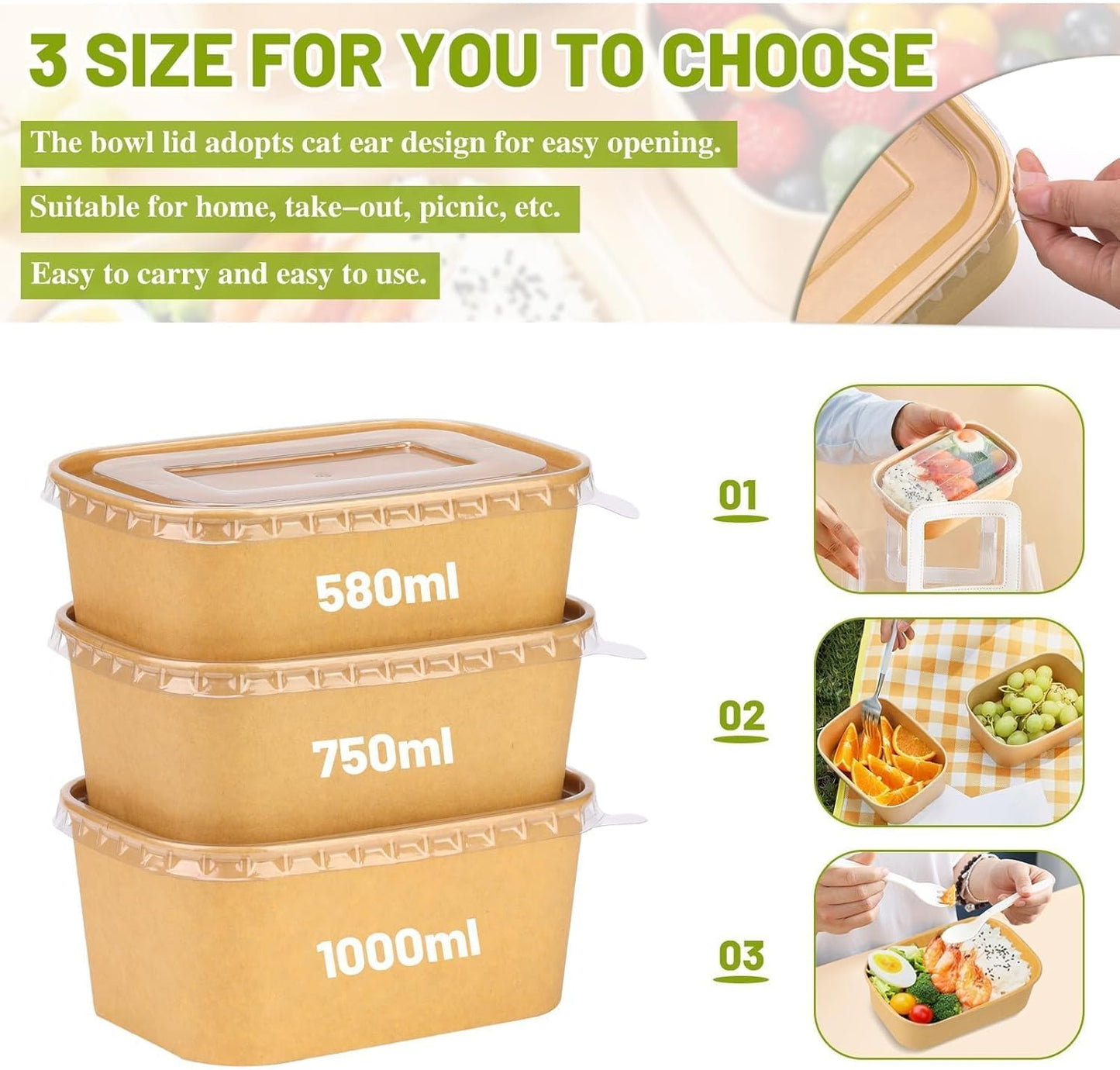 25 Oz 50 Pcs Paper Bowls, 750Ml Disposable Salad Bowls with Lid, Square Kraft Paper Bowls, Disposable Food Containers with Lids for Salad, Soup, Snacks, Desserts