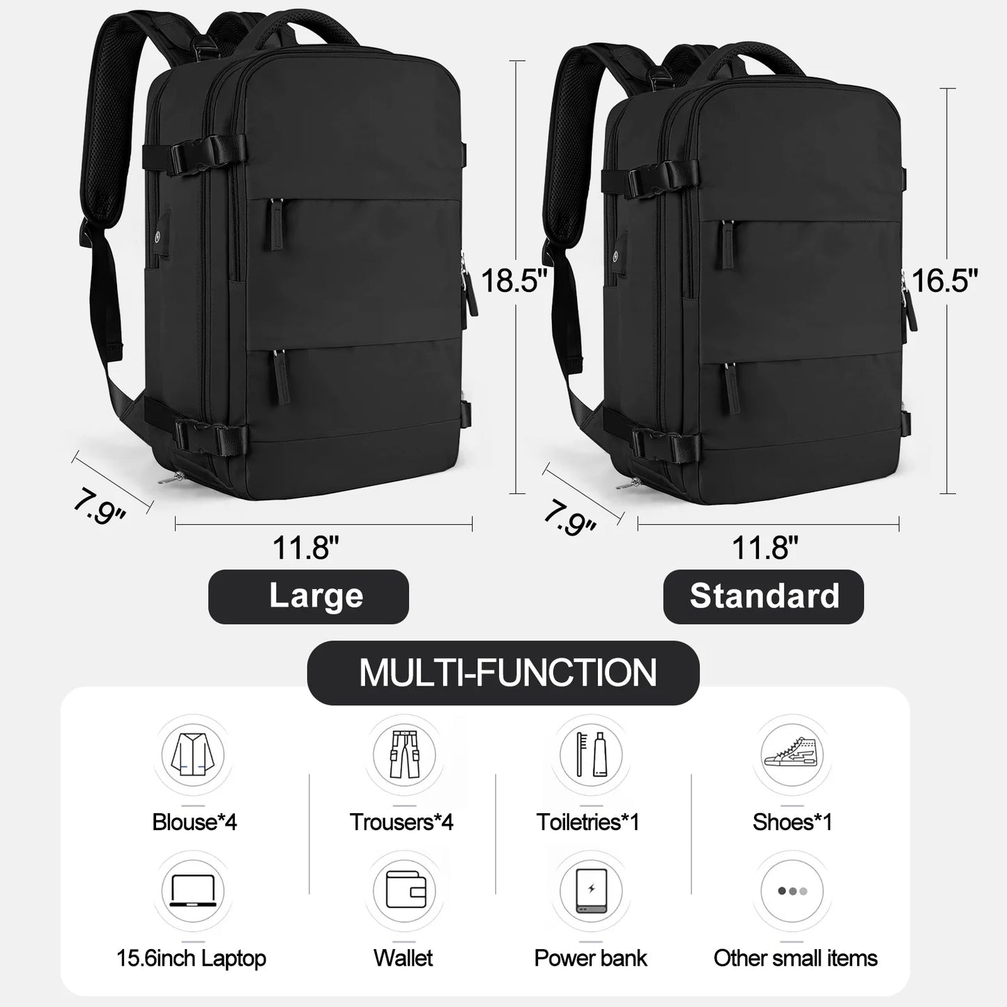 Large Travel Backpack for Women Men Laptop Bag Airline Approved Carry on Backpacks Waterproof anti Theft Gym Bags Hiking Flight Approved Luggage Casual Daypack, Standard, Black