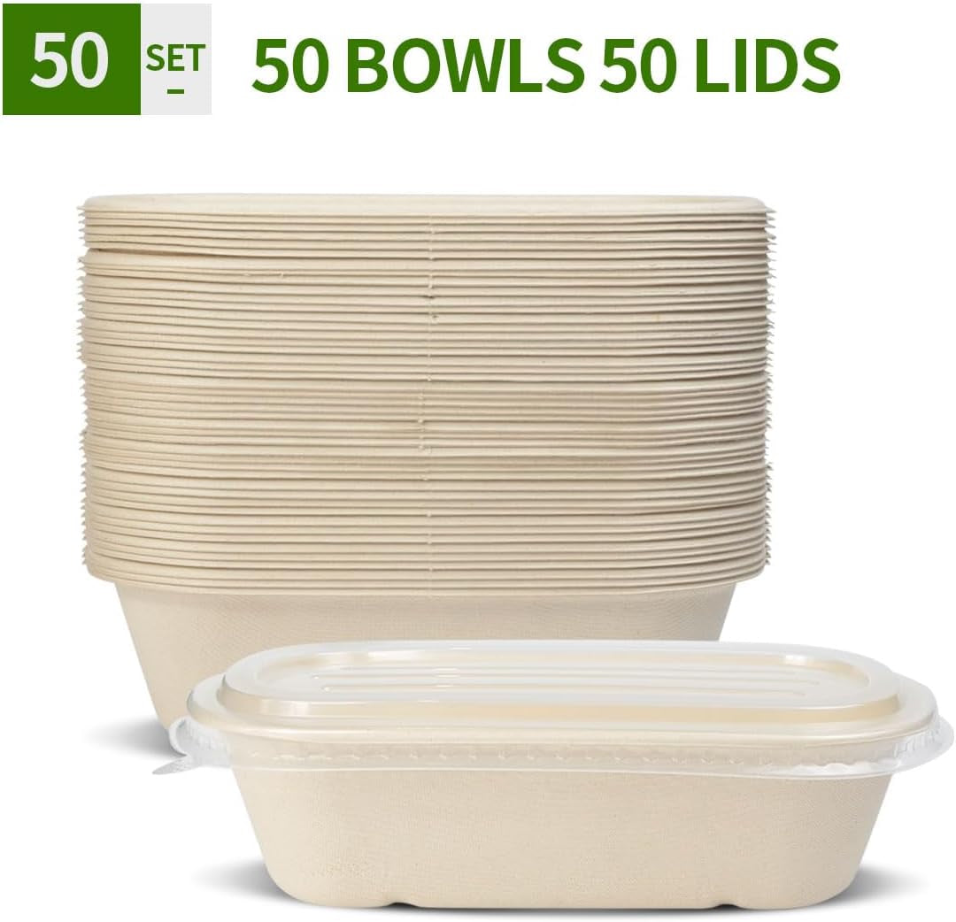 50 Pack 32 Oz Paper Meal Prep Containers with Lids for Salad, Pasta, Nacho, Burrito, Deep Large Disposable Meal Take Out Food Containers (50 Bowls 50 Lids)