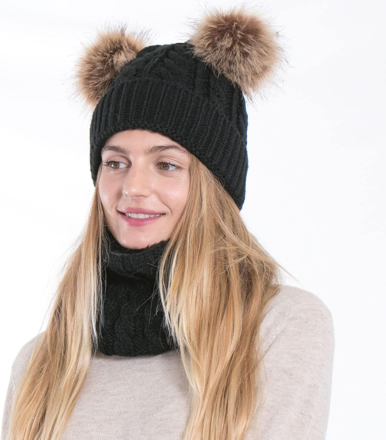 Womens Beanie Scarf Set Fleece Lined Pom Pom Beanie Hat Circle Scarf Winter Set
