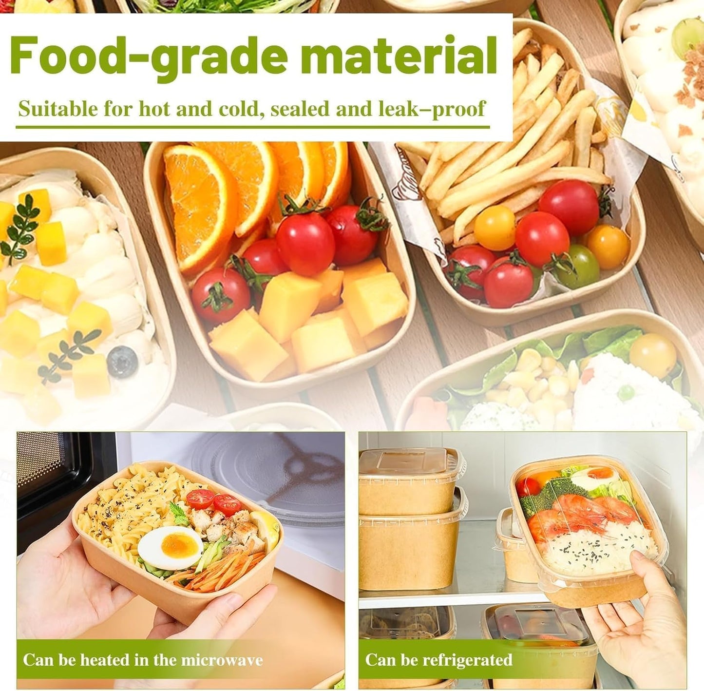 25 Oz 50 Pcs Paper Bowls, 750Ml Disposable Salad Bowls with Lid, Square Kraft Paper Bowls, Disposable Food Containers with Lids for Salad, Soup, Snacks, Desserts