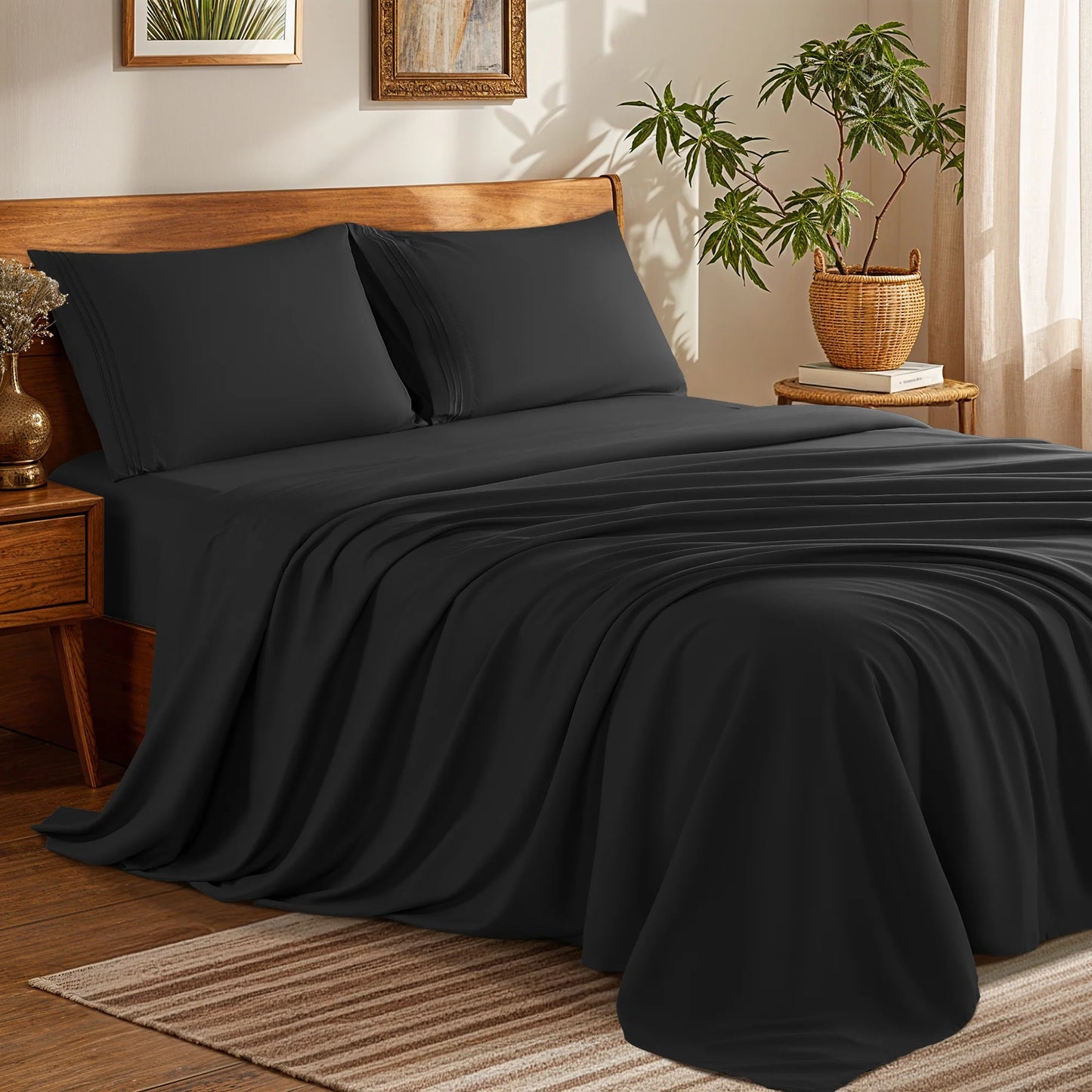 Bed Sheets Set, 1800 Series Microfiber Deep Pocket 4 Pieces Luxury Soft Sheet Set, California King, Black