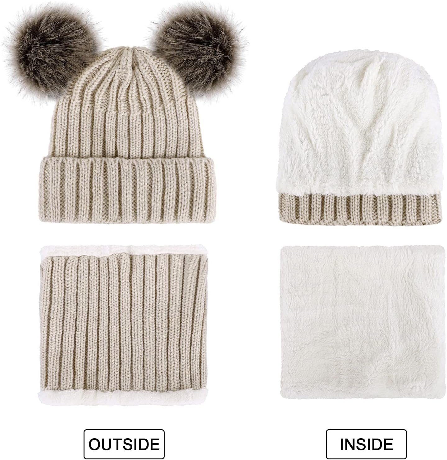 Womens Beanie Scarf Set Fleece Lined Pom Pom Beanie Hat Circle Scarf Winter Set