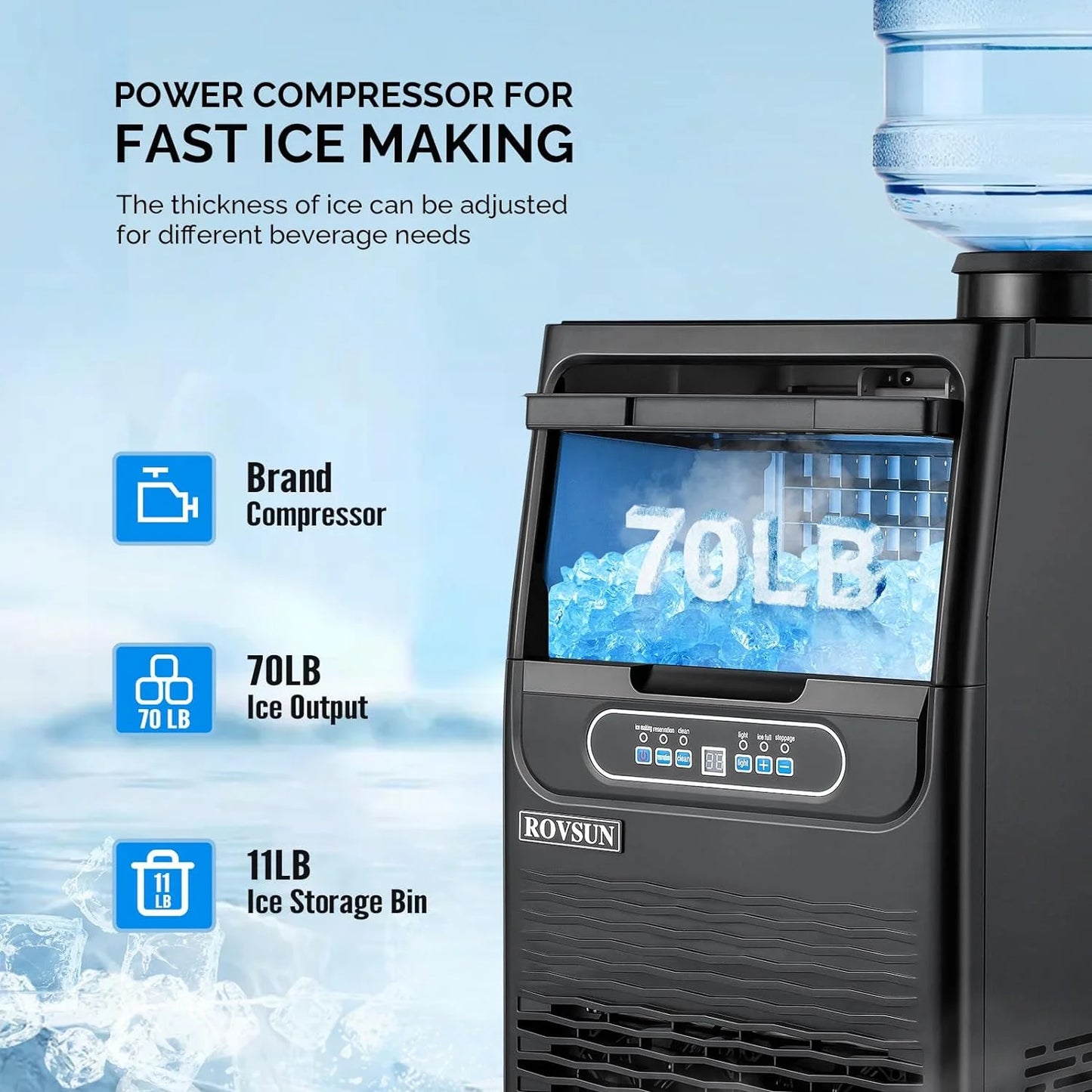 70LBS/24H Ice Maker Machine with 2 Water Inlets, Freestanding/Countertop Ice Machine with 11Lbs Storage Bin, Ice Scoop & Water Filter for Home Office Light Commercial Restaurant Bar Cafe Use