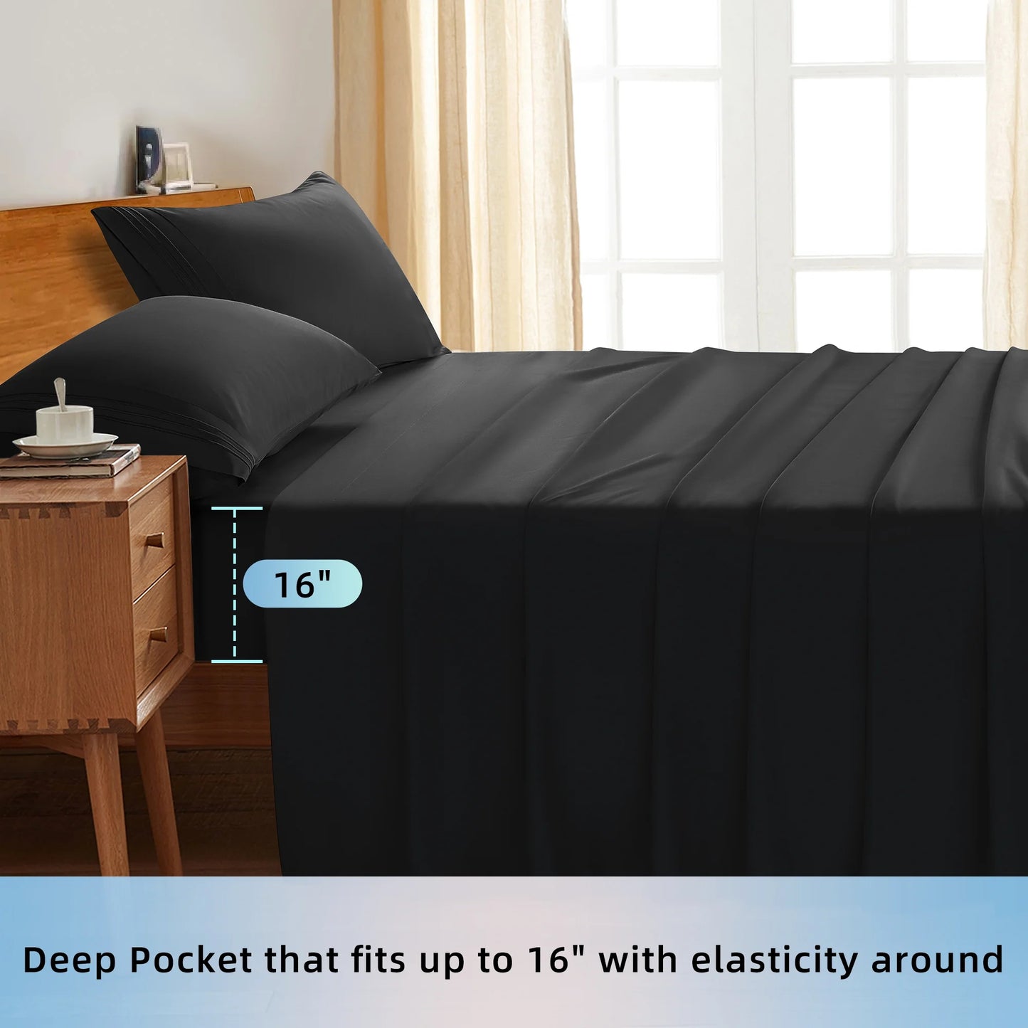 Bed Sheets Set, 1800 Series Microfiber Deep Pocket 4 Pieces Luxury Soft Sheet Set, California King, Black