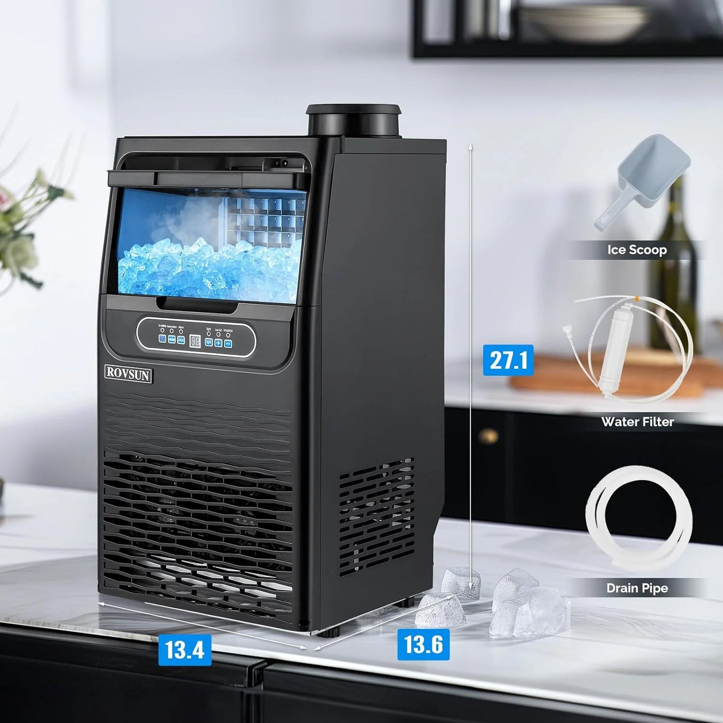 70LBS/24H Ice Maker Machine with 2 Water Inlets, Freestanding/Countertop Ice Machine with 11Lbs Storage Bin, Ice Scoop & Water Filter for Home Office Light Commercial Restaurant Bar Cafe Use