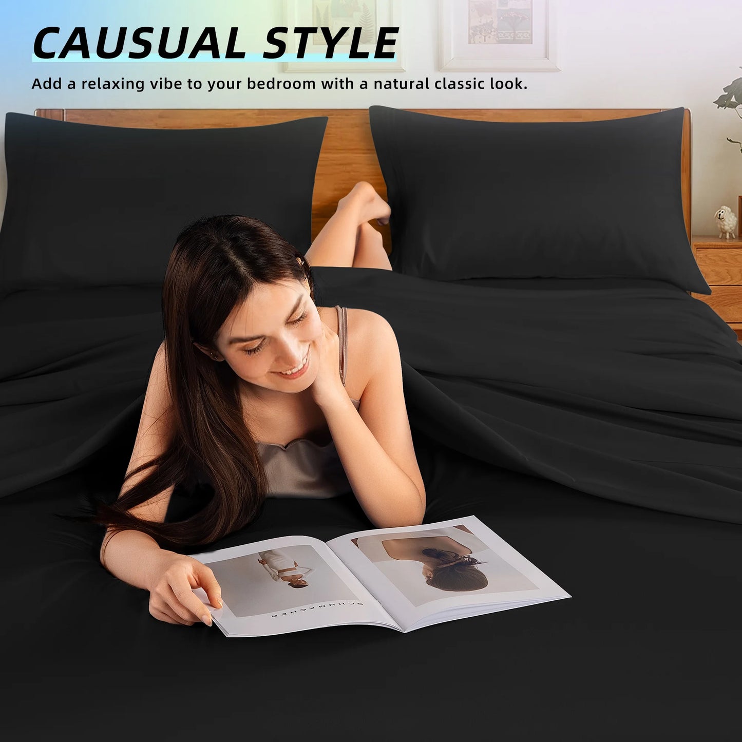 Bed Sheets Set, 1800 Series Microfiber Deep Pocket 4 Pieces Luxury Soft Sheet Set, California King, Black