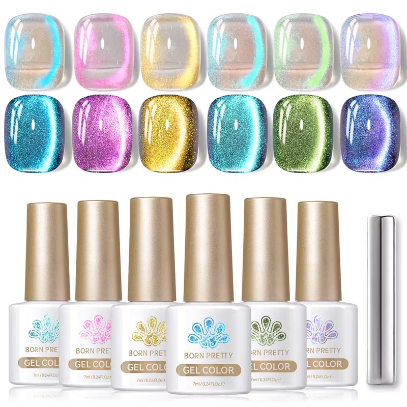 6PCS Pink Ocean Cat Nail Gel Polish Set with Magnet Stick Jelly Holographics Magnetic Nail Kit Salon Art Manicure
