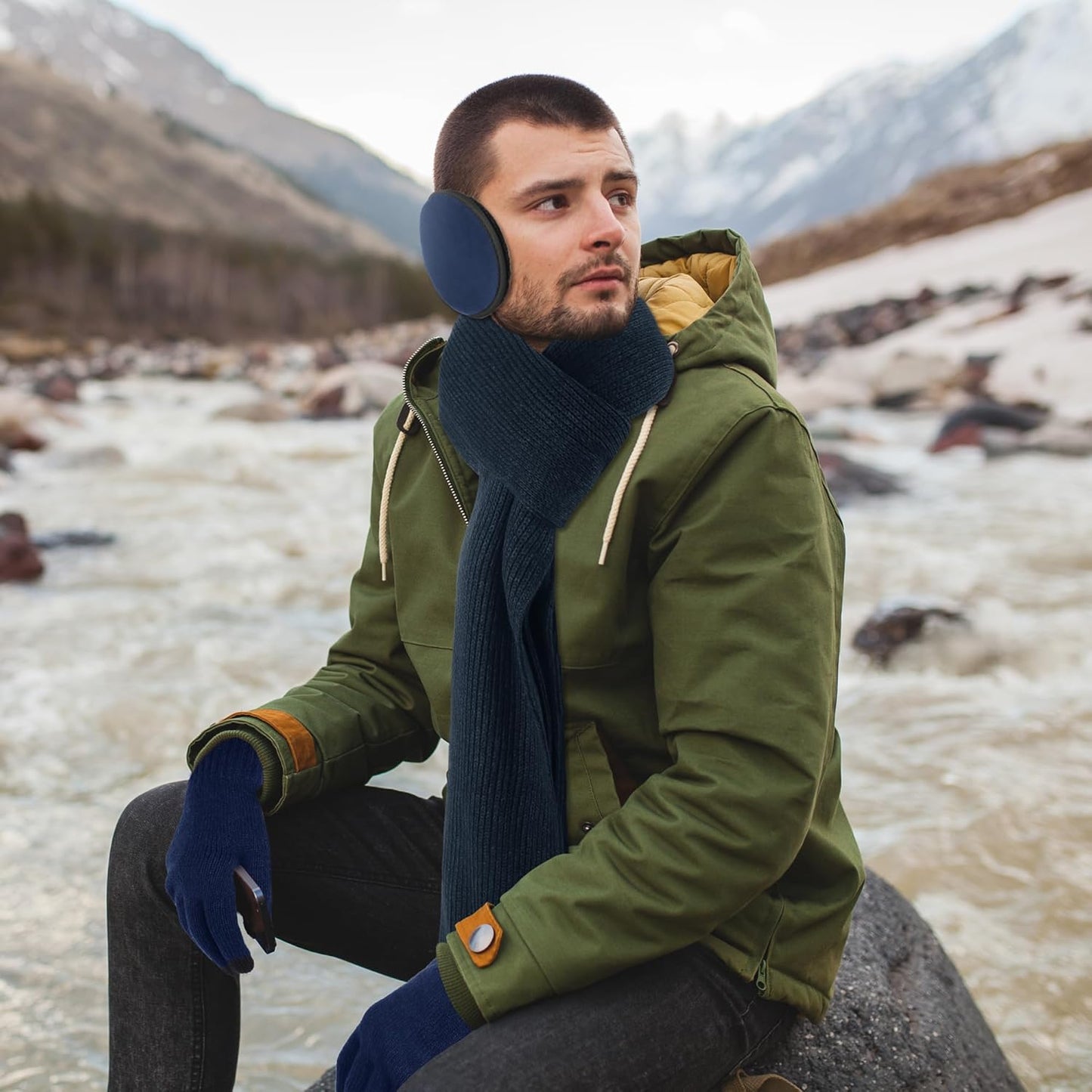 Winter Beanie Hat Set for Men 4 Pieces Knit Glove Scarf Beanie Hat Earmuffs Set for Men Women