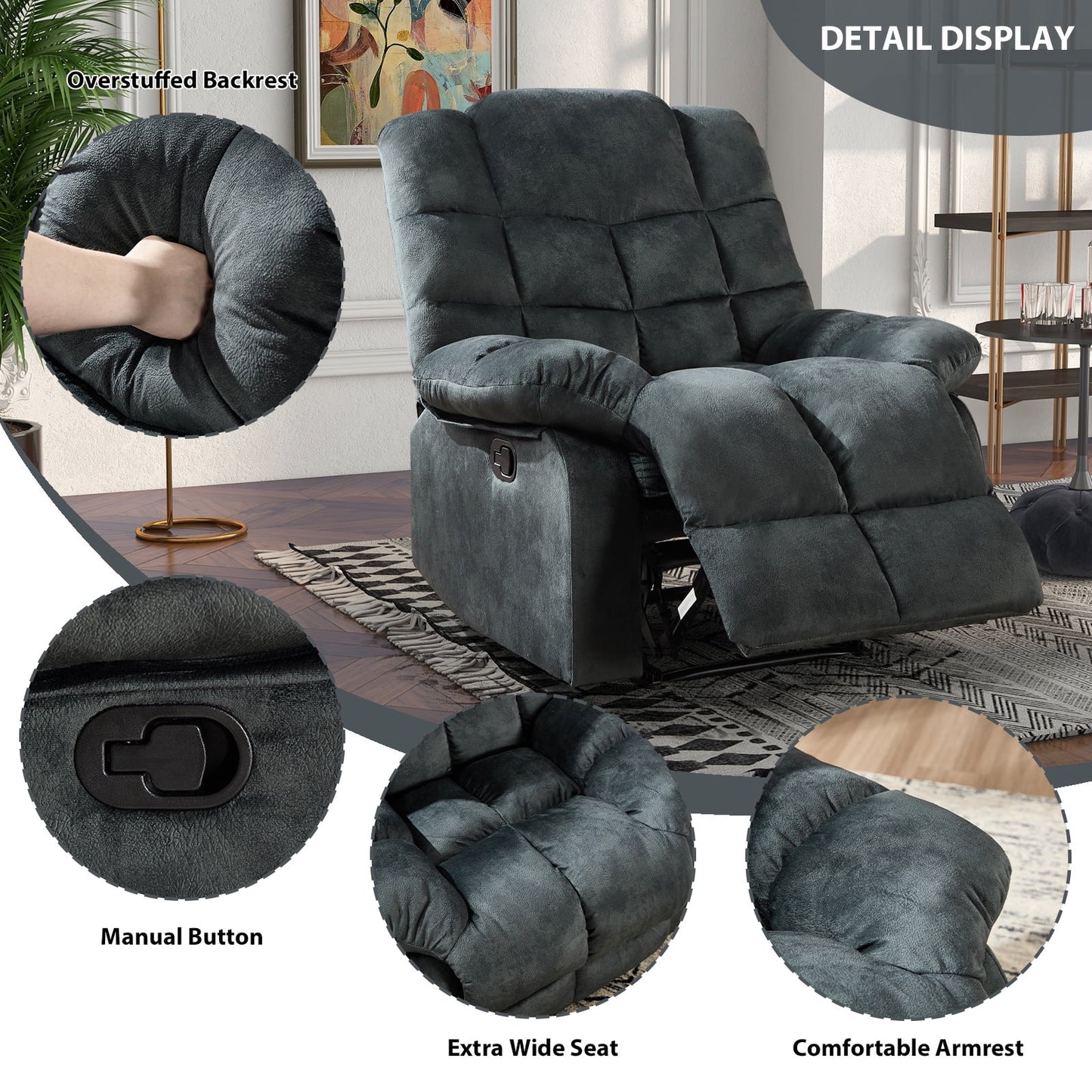 Massage Recliner Chair with Heat and Vibration Manual Recliners Fabric Sofa Reclining Chair for Living Room, Gray