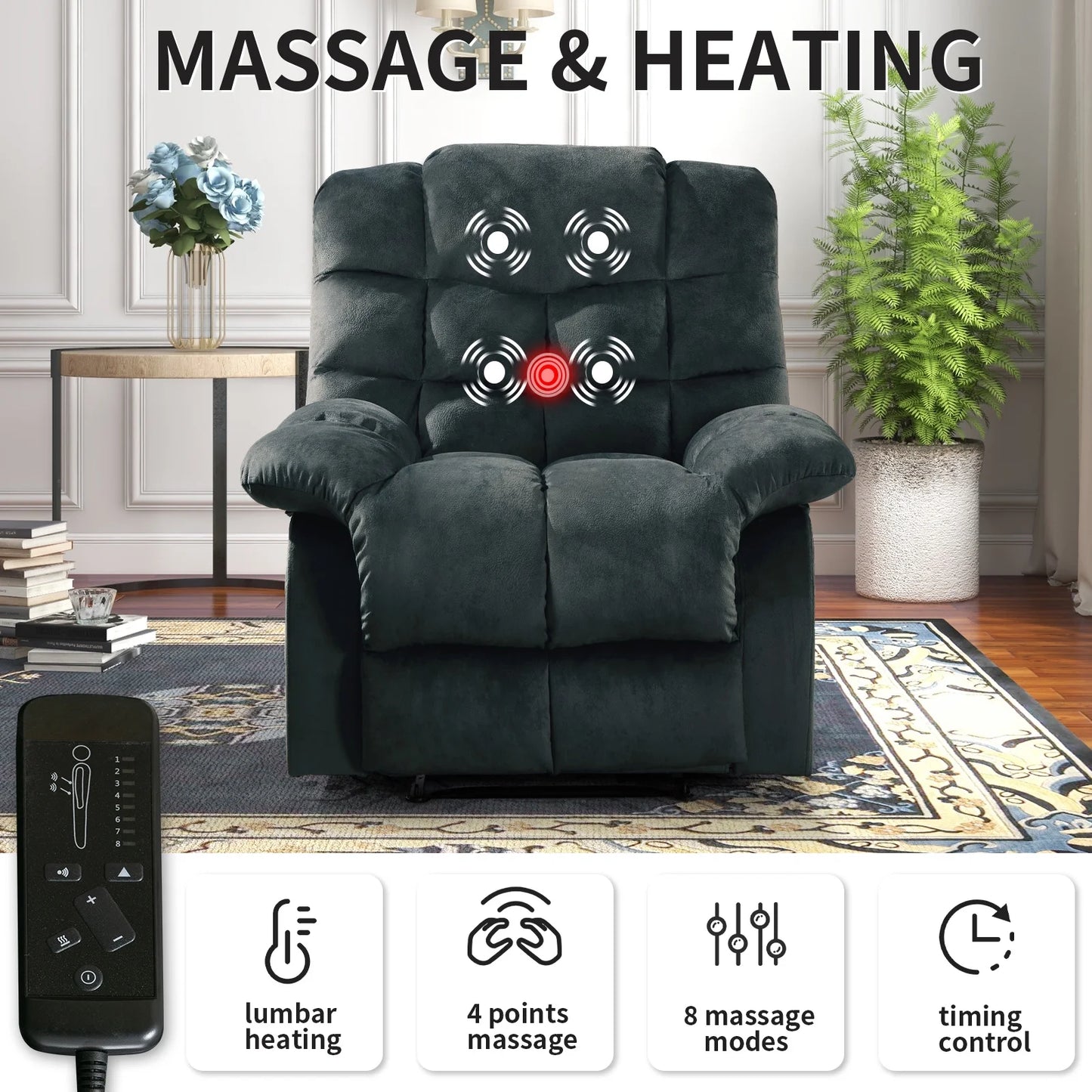 Massage Recliner Chair with Heat and Vibration Manual Recliners Fabric Sofa Reclining Chair for Living Room, Gray
