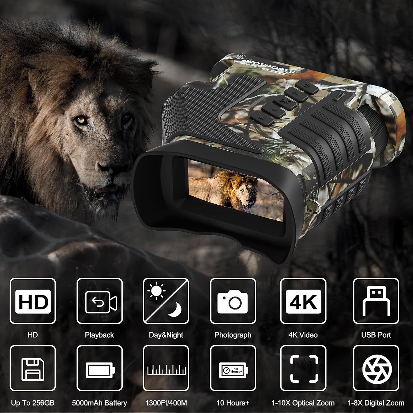 4K Night Vision Goggles– 10X Optical & 8X Digital Zoom, 1315FT Infrared Range, Rechargeable 5000Mah Battery, IPX Waterproof, Ideal for Camping