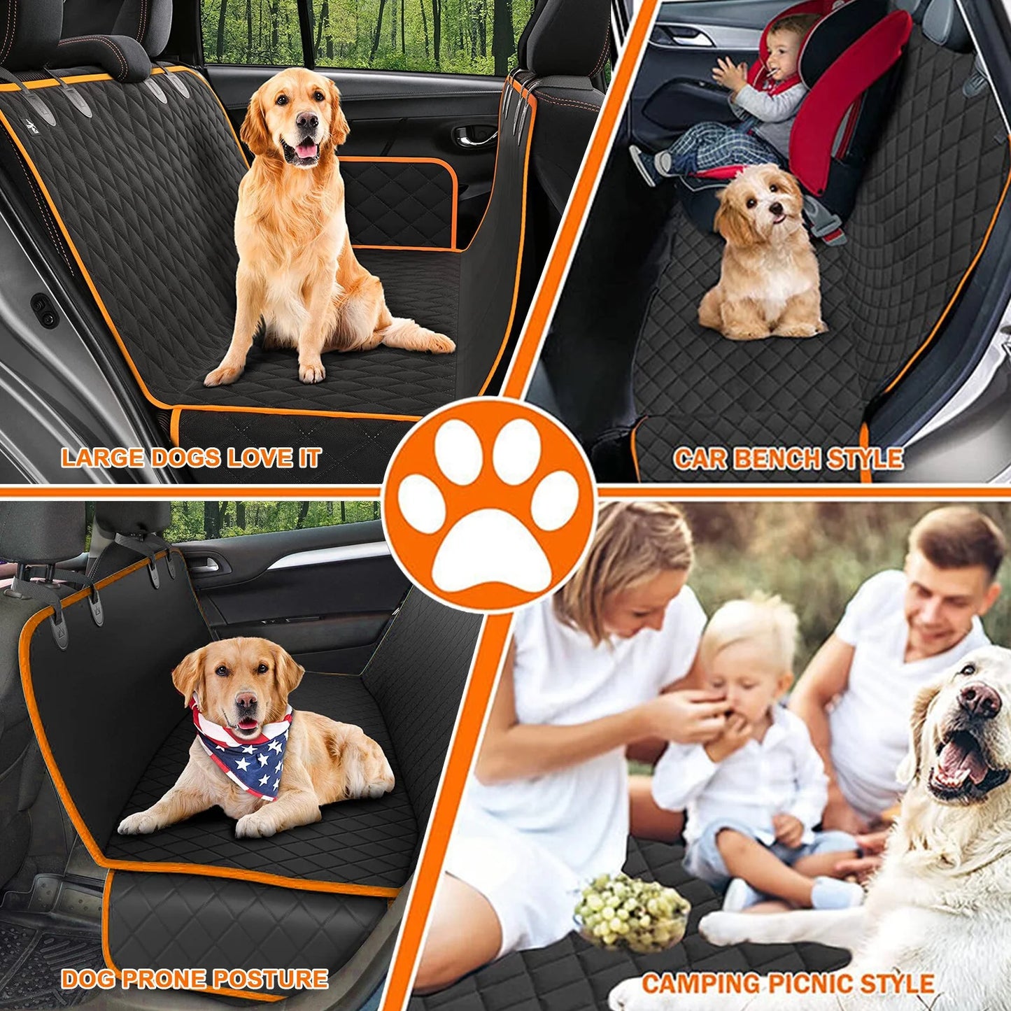 Pet Dog Car Seat Cover for Back Seat, Waterproof Bench Car Seat Protector for Dogs Kids, Non-Slip Reat Seat Cover Universal Size Fits Cars, Trucks, SUV, Orange