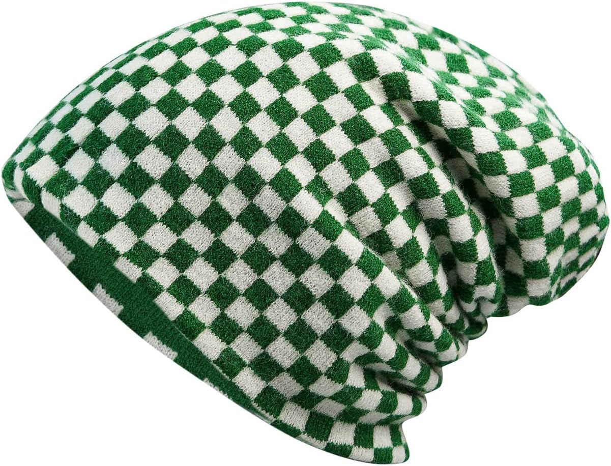 Plaid Slouch Beanie Skull Cap Oversized Long Baggy Winter Warm Hats Soft Ski Hat Slouchy Skullies Cap
