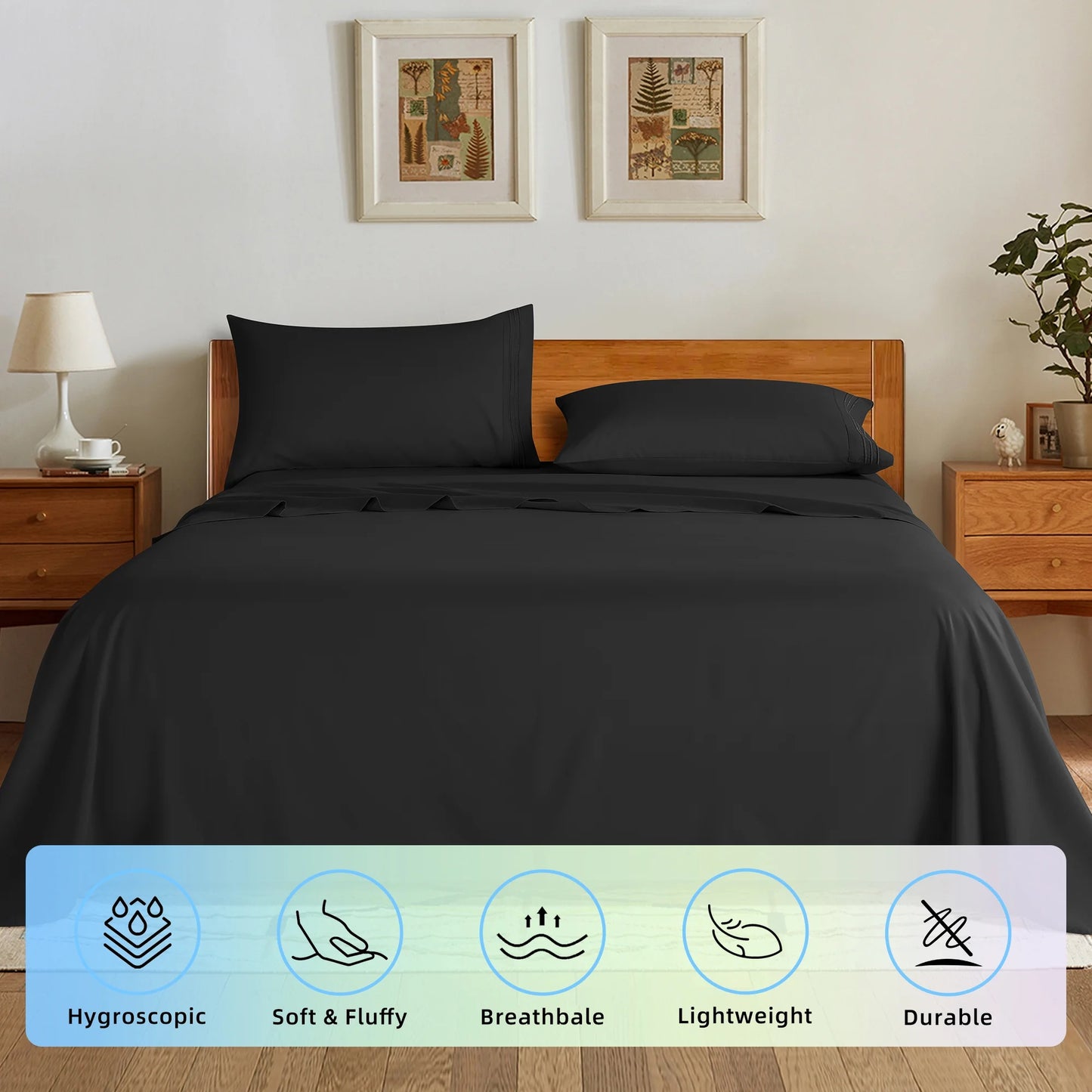 Bed Sheets Set, 1800 Series Microfiber Deep Pocket 4 Pieces Luxury Soft Sheet Set, California King, Black