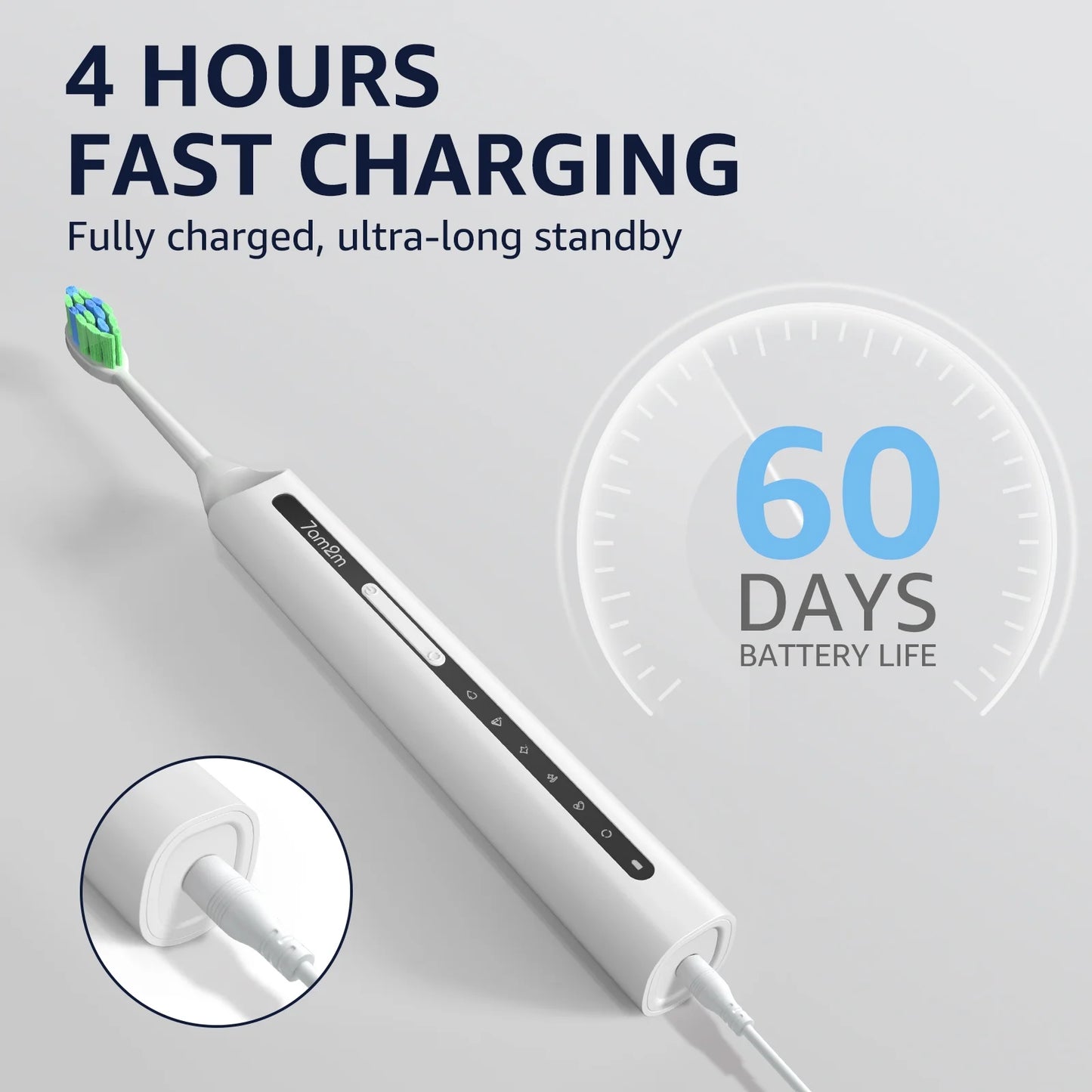 Sonic Electric Toothbrush, High Power Rechargeable Toothbrushes, with 8 Brush Heads for Adults and Kids, 15 Adjustable Modes, Built-In 2-Minute Smart Timer, 4 Hours Fast Charge, White
