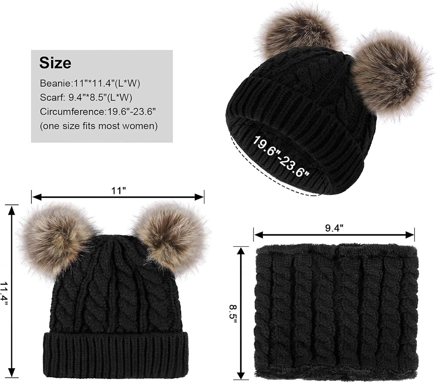 Womens Beanie Scarf Set Fleece Lined Pom Pom Beanie Hat Circle Scarf Winter Set