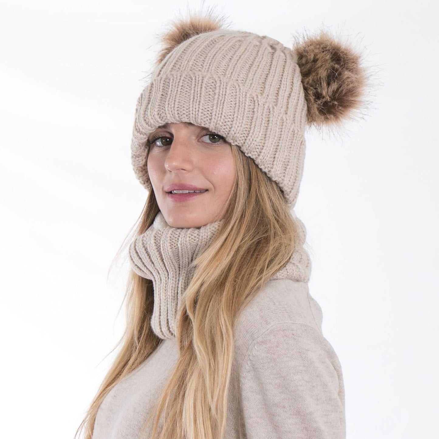 Womens Beanie Scarf Set Fleece Lined Pom Pom Beanie Hat Circle Scarf Winter Set