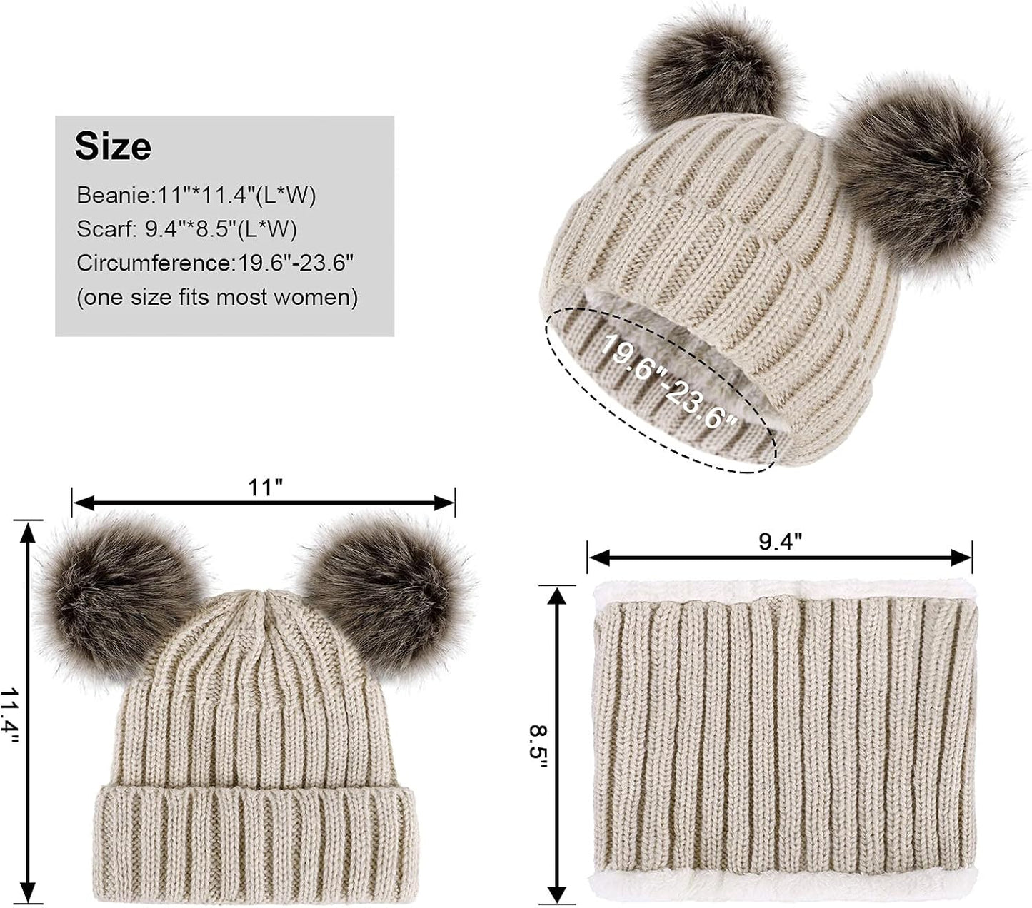 Womens Beanie Scarf Set Fleece Lined Pom Pom Beanie Hat Circle Scarf Winter Set