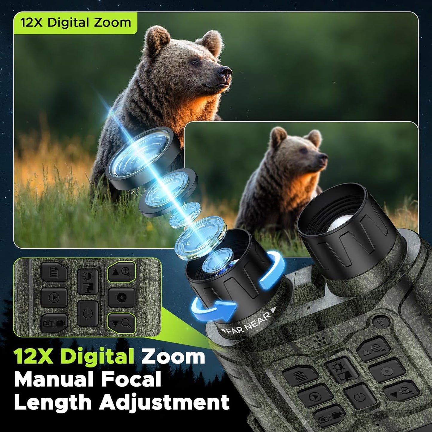Night Vision Goggles for Adults, 112 MP 4K Night Vision Binoculars 12X Zoom & 5000Mah Battery, 64GB Card Included, Infrared Vision, 1300Ft Range, Perfect for Hunting, Camping & Security