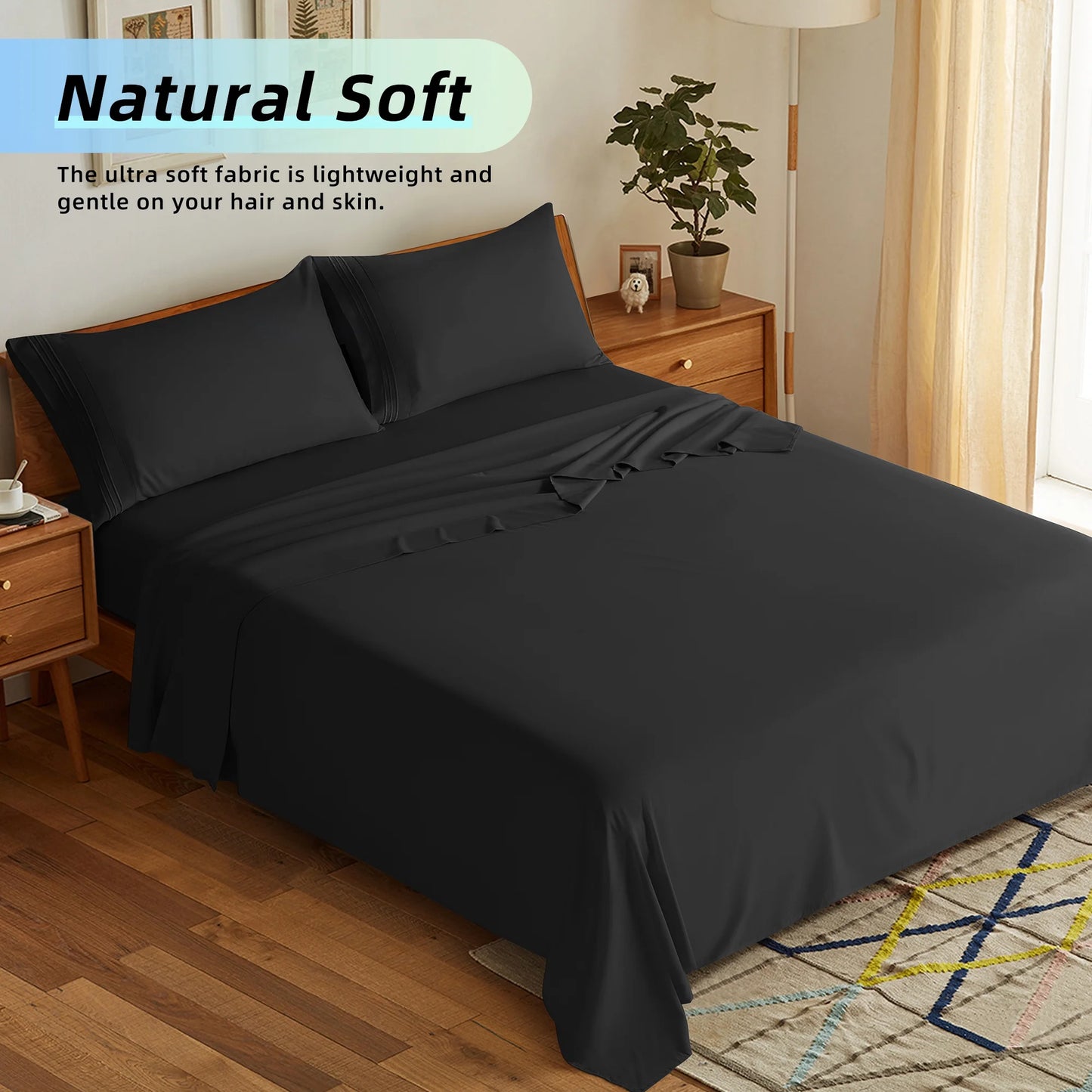 Bed Sheets Set, 1800 Series Microfiber Deep Pocket 4 Pieces Luxury Soft Sheet Set, California King, Black