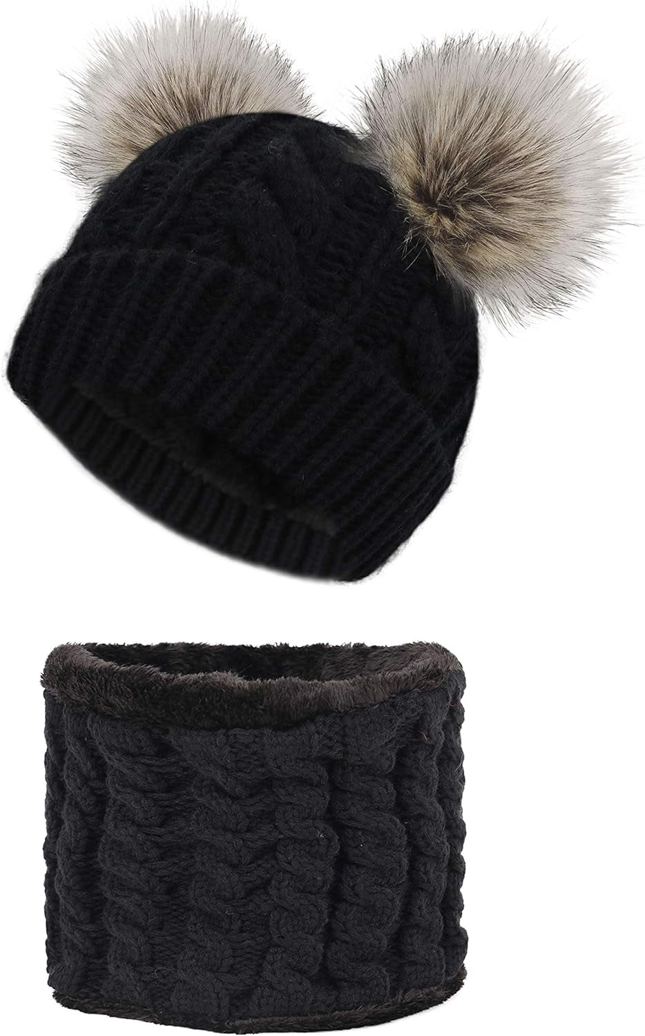 Womens Beanie Scarf Set Fleece Lined Pom Pom Beanie Hat Circle Scarf Winter Set