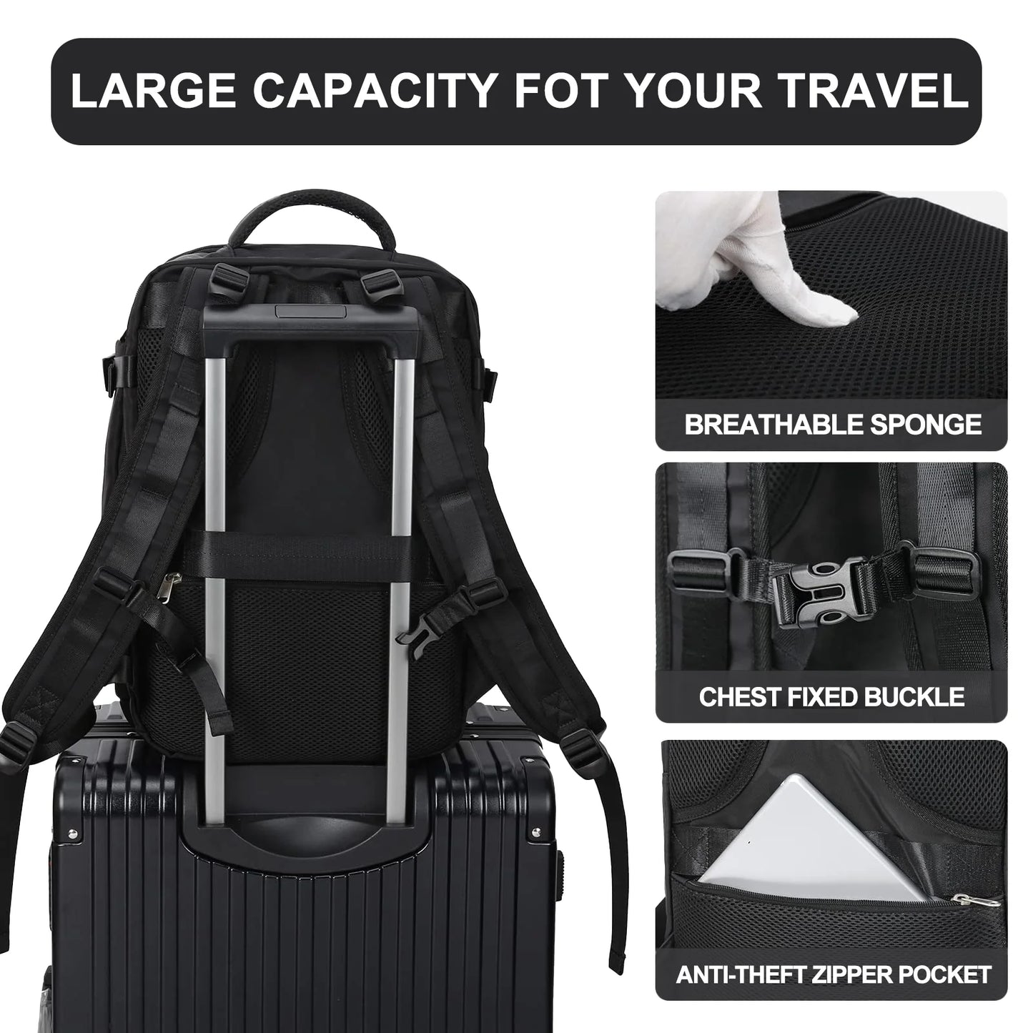 Large Travel Backpack for Women Men Laptop Bag Airline Approved Carry on Backpacks Waterproof anti Theft Gym Bags Hiking Flight Approved Luggage Casual Daypack, Standard, Black