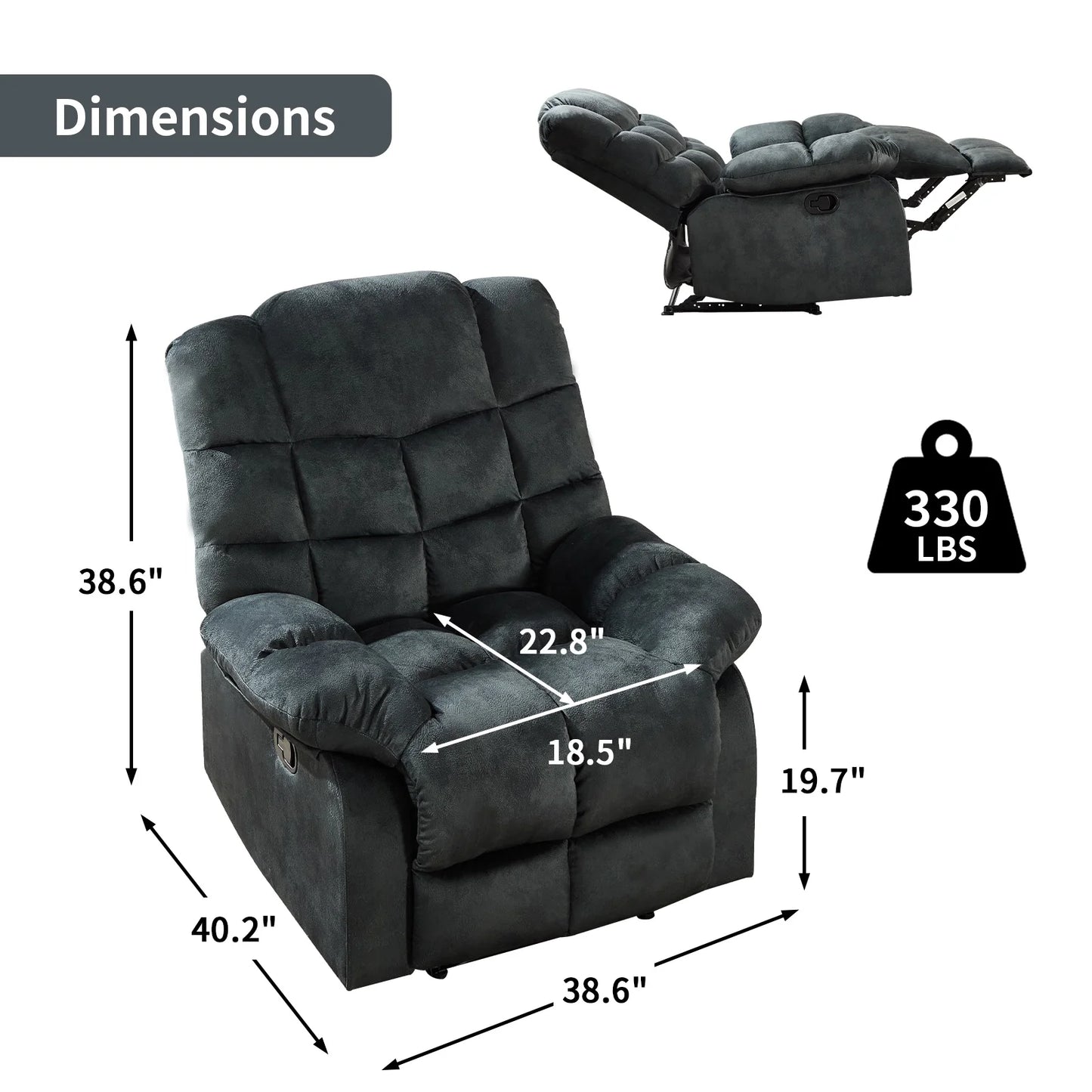 Massage Recliner Chair with Heat and Vibration Manual Recliners Fabric Sofa Reclining Chair for Living Room, Gray