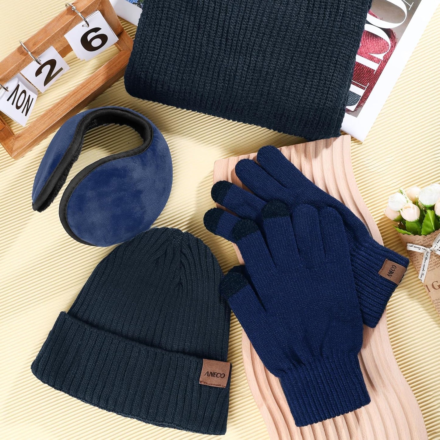 Winter Beanie Hat Set for Men 4 Pieces Knit Glove Scarf Beanie Hat Earmuffs Set for Men Women
