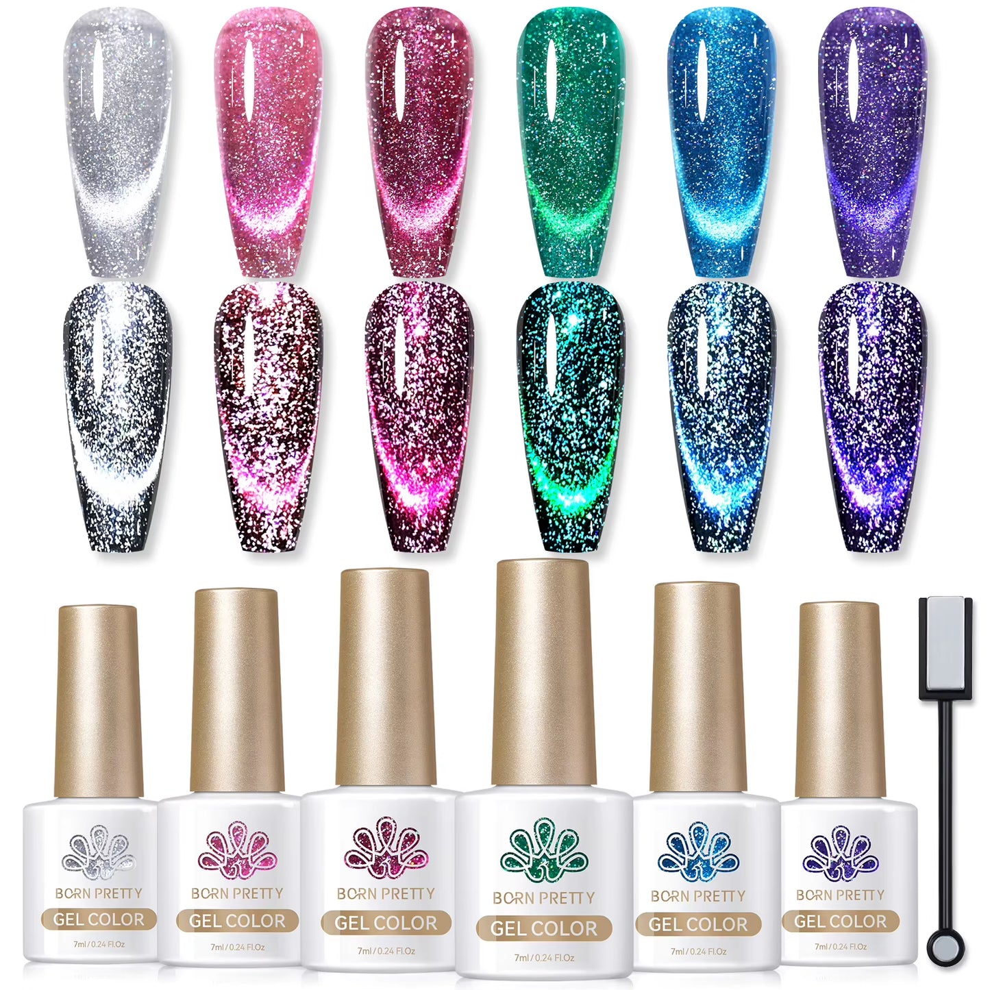 6PCS Pink Ocean Cat Nail Gel Polish Set with Magnet Stick Jelly Holographics Magnetic Nail Kit Salon Art Manicure