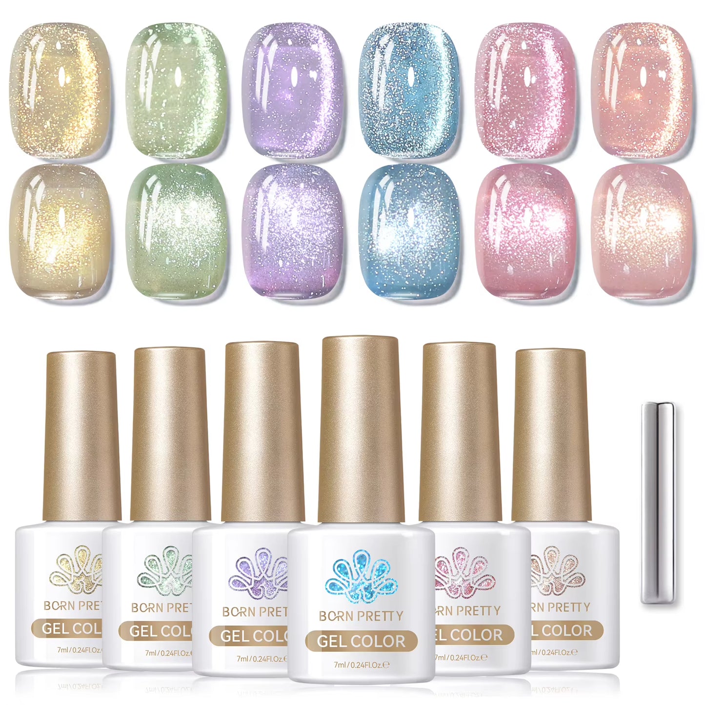 6PCS Pink Ocean Cat Nail Gel Polish Set with Magnet Stick Jelly Holographics Magnetic Nail Kit Salon Art Manicure