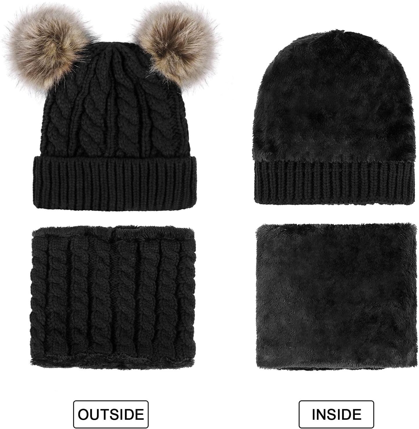 Womens Beanie Scarf Set Fleece Lined Pom Pom Beanie Hat Circle Scarf Winter Set