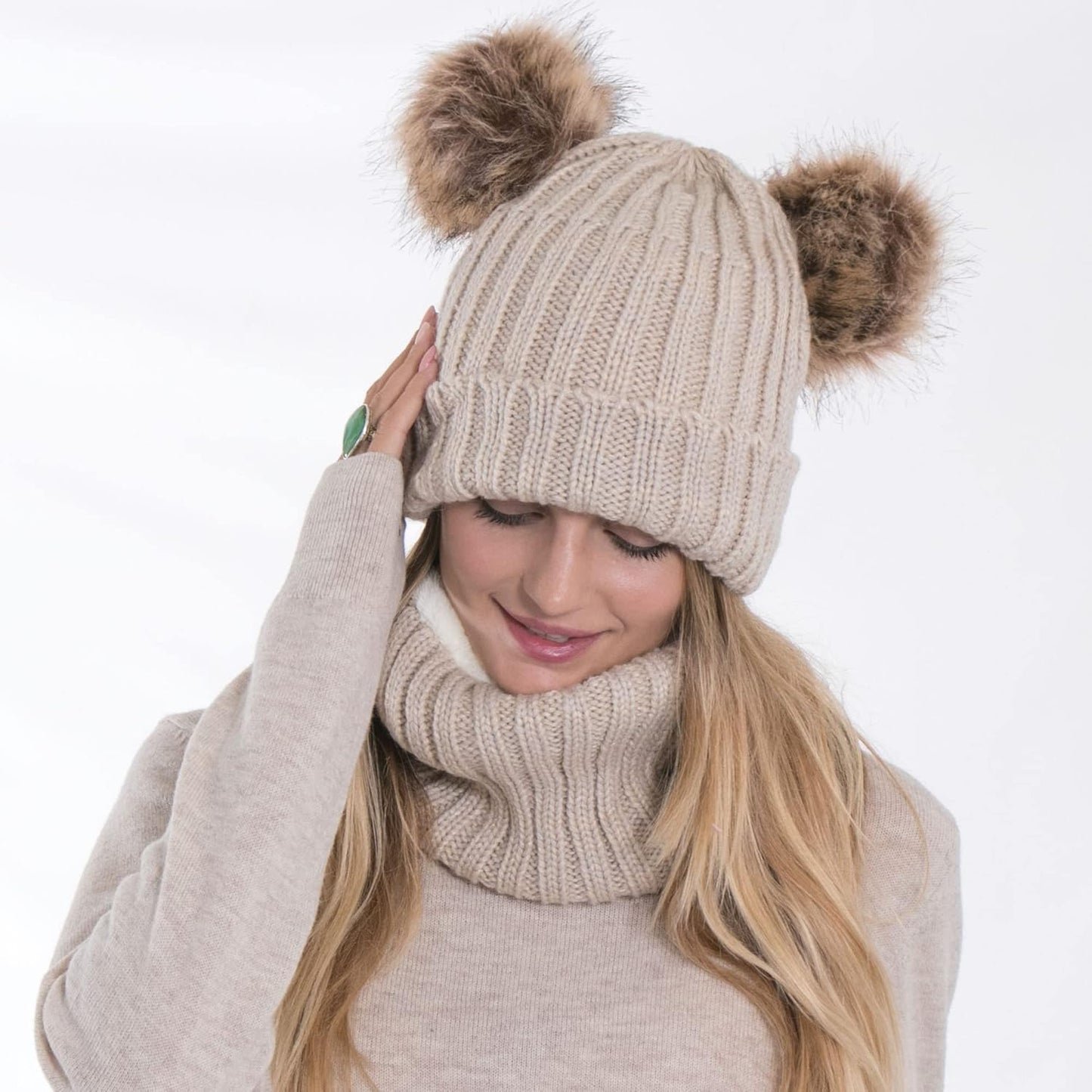 Womens Beanie Scarf Set Fleece Lined Pom Pom Beanie Hat Circle Scarf Winter Set
