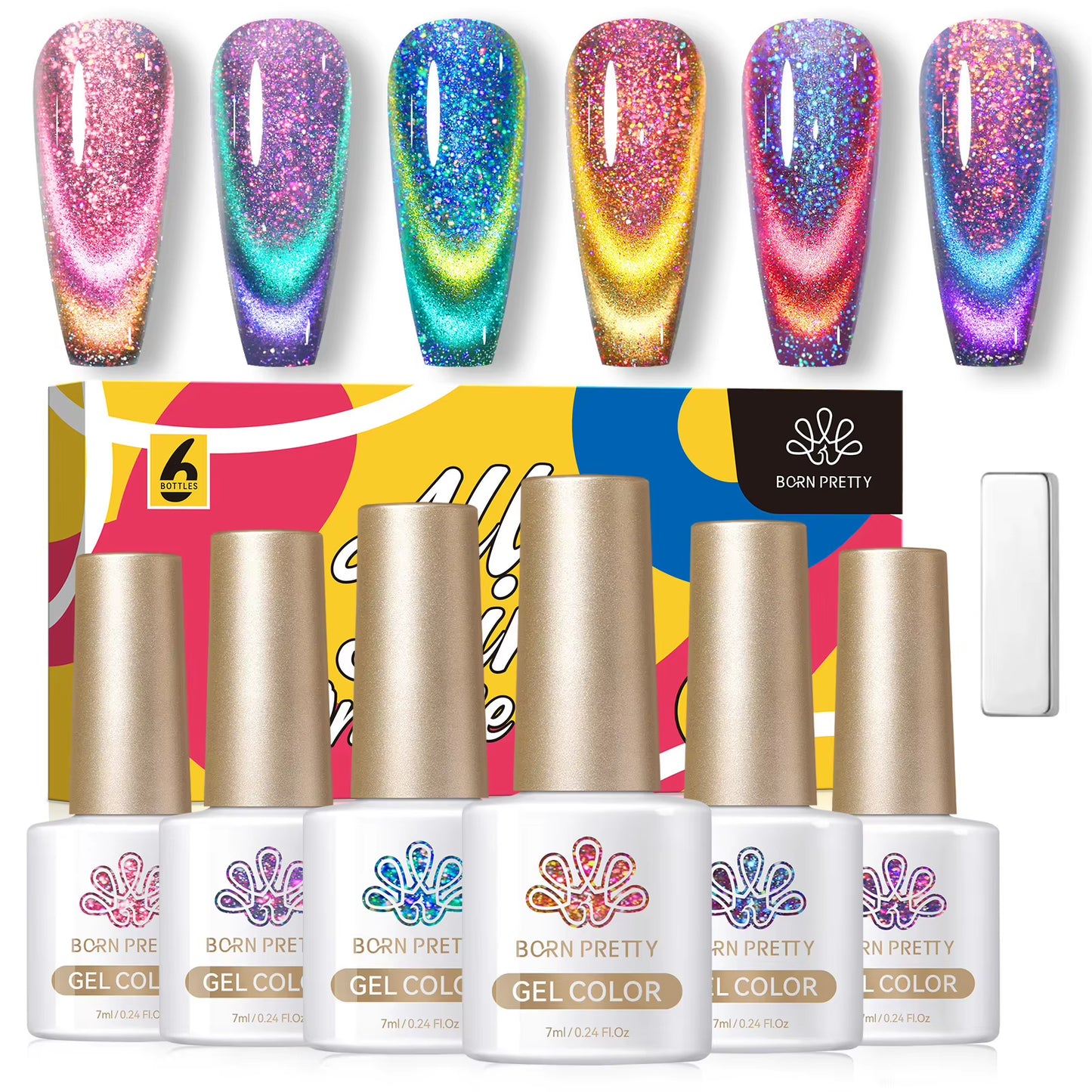 6PCS Pink Ocean Cat Nail Gel Polish Set with Magnet Stick Jelly Holographics Magnetic Nail Kit Salon Art Manicure
