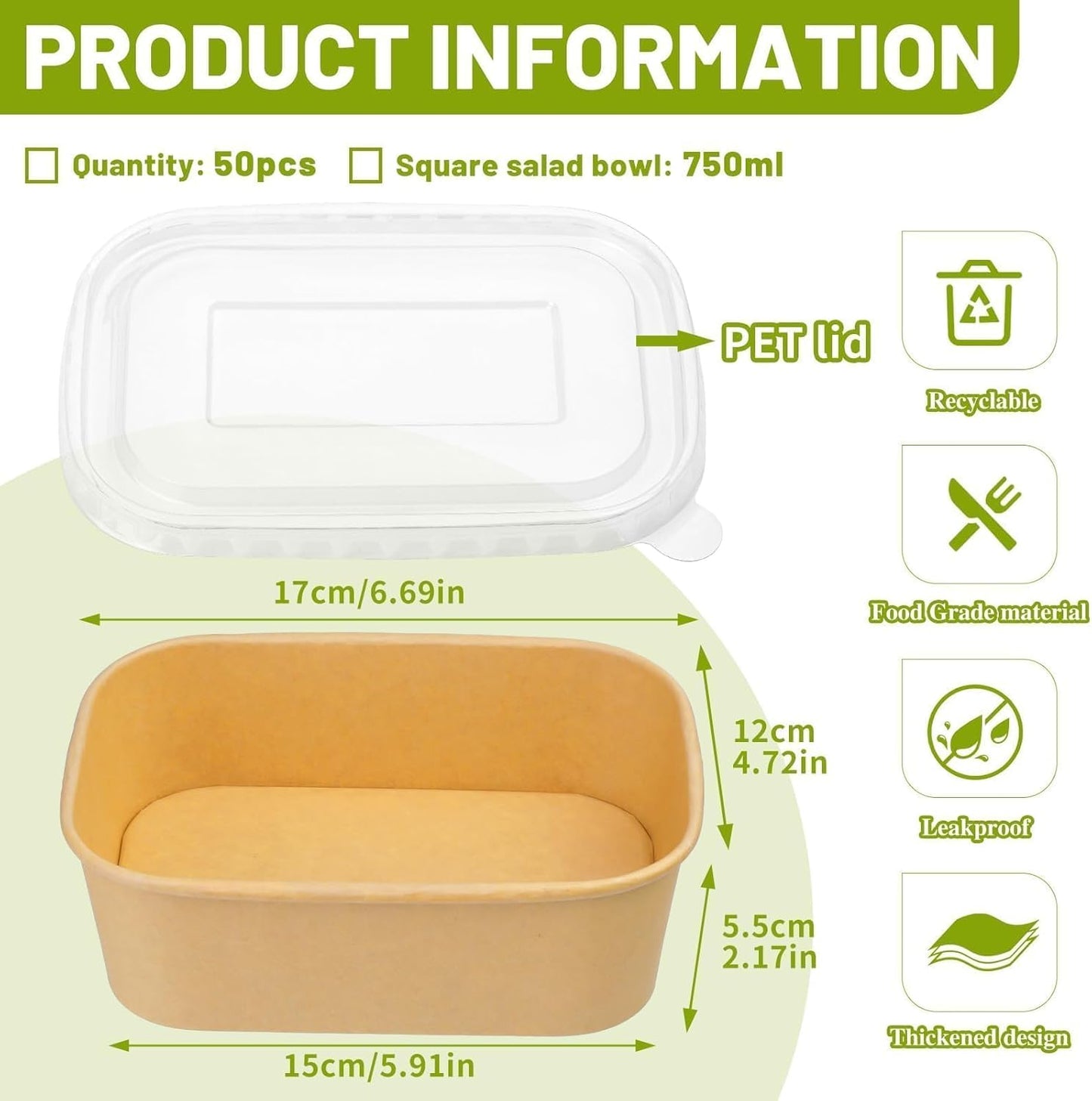 25 Oz 50 Pcs Paper Bowls, 750Ml Disposable Salad Bowls with Lid, Square Kraft Paper Bowls, Disposable Food Containers with Lids for Salad, Soup, Snacks, Desserts