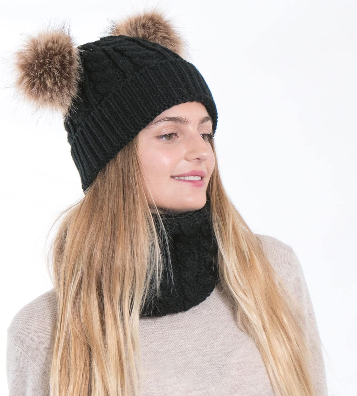 Womens Beanie Scarf Set Fleece Lined Pom Pom Beanie Hat Circle Scarf Winter Set