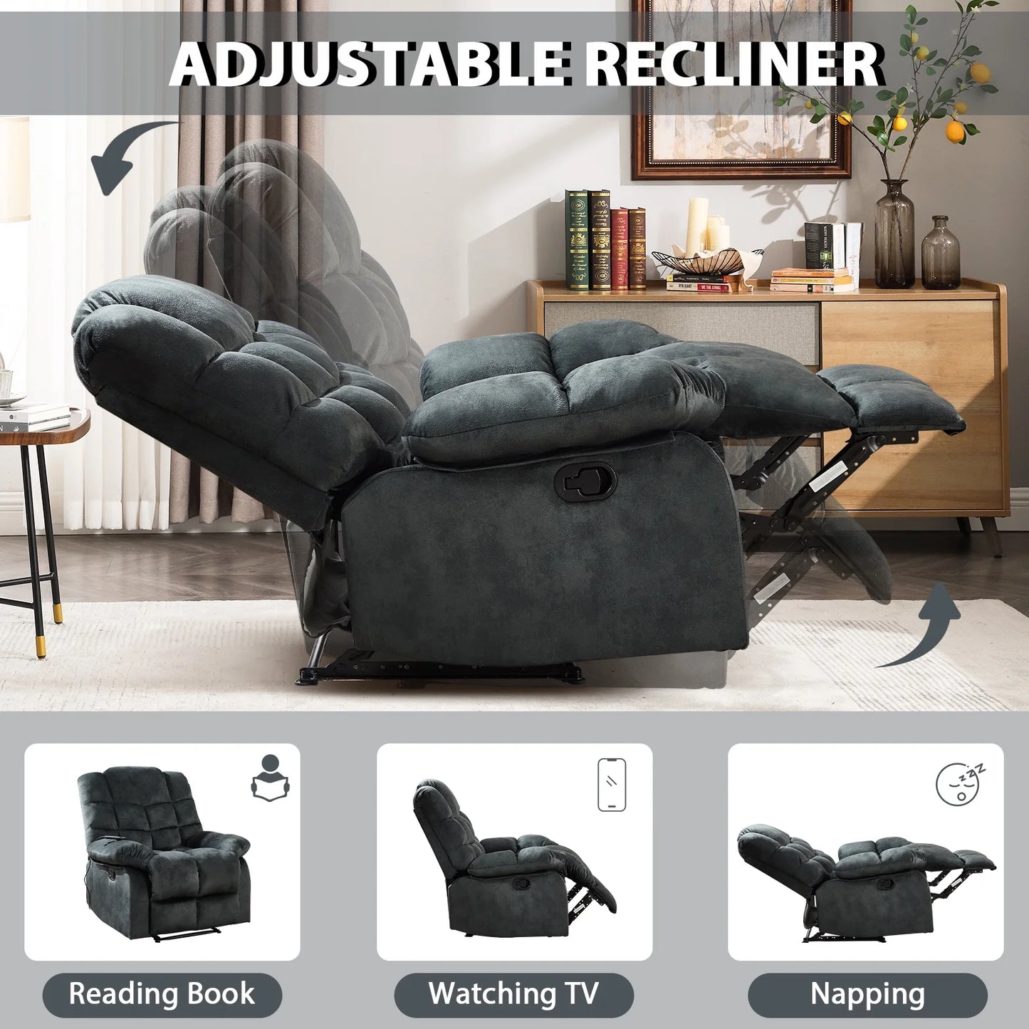 Massage Recliner Chair with Heat and Vibration Manual Recliners Fabric Sofa Reclining Chair for Living Room, Gray