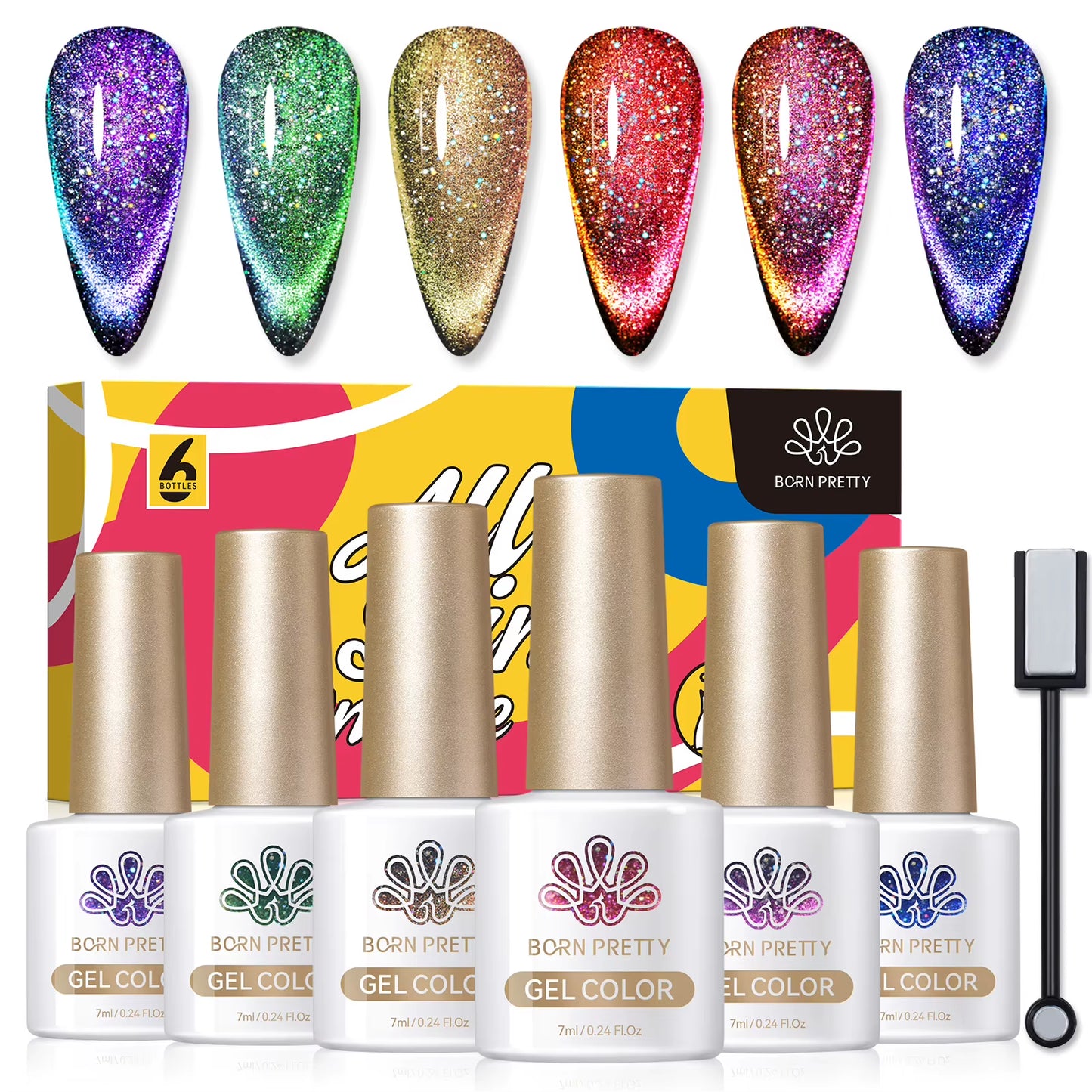 6PCS Pink Ocean Cat Nail Gel Polish Set with Magnet Stick Jelly Holographics Magnetic Nail Kit Salon Art Manicure