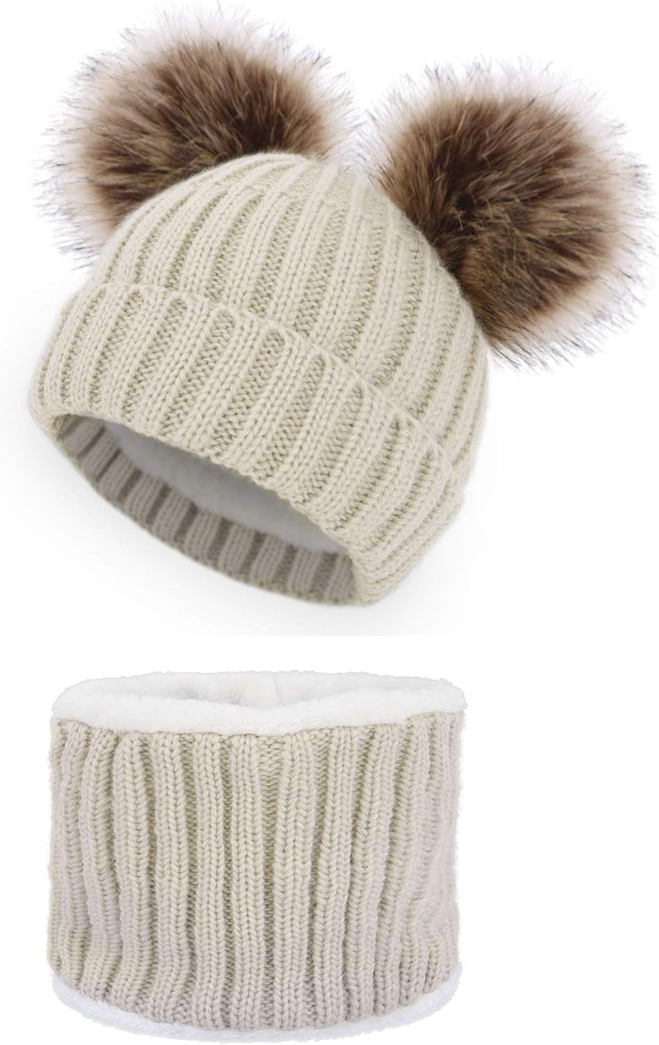 Womens Beanie Scarf Set Fleece Lined Pom Pom Beanie Hat Circle Scarf Winter Set