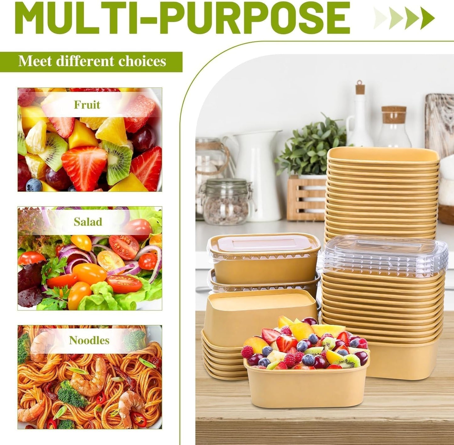 25 Oz 50 Pcs Paper Bowls, 750Ml Disposable Salad Bowls with Lid, Square Kraft Paper Bowls, Disposable Food Containers with Lids for Salad, Soup, Snacks, Desserts