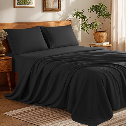 Bed Sheets Set, 1800 Series Microfiber Deep Pocket 4 Pieces Luxury Soft Sheet Set, California King, Black