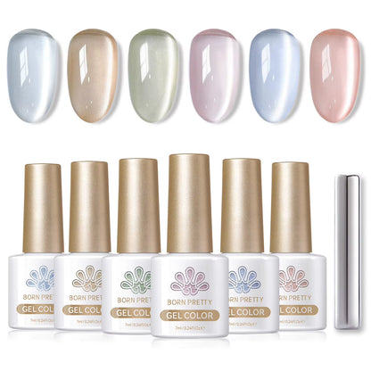 6PCS Pink Ocean Cat Nail Gel Polish Set with Magnet Stick Jelly Holographics Magnetic Nail Kit Salon Art Manicure