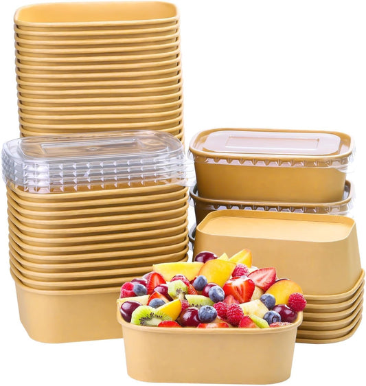 25 Oz 50 Pcs Paper Bowls, 750Ml Disposable Salad Bowls with Lid, Square Kraft Paper Bowls, Disposable Food Containers with Lids for Salad, Soup, Snacks, Desserts