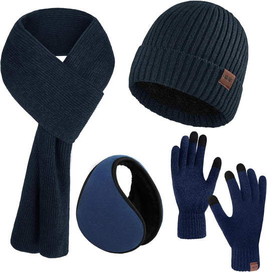 Winter Beanie Hat Set for Men 4 Pieces Knit Glove Scarf Beanie Hat Earmuffs Set for Men Women