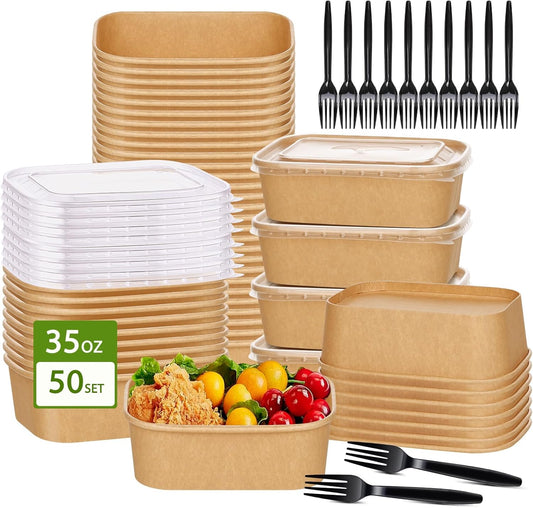 50-Pack 35Oz Disposable Kraft Paper Bowls【With Lids and Forks】, Large Meal Prep Containers Paper Salad Bowls, Leakproof Food Containers Treat Soup Serving Bowl, Microwave Safe for Hot/Cold Food