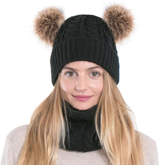 Womens Beanie Scarf Set Fleece Lined Pom Pom Beanie Hat Circle Scarf Winter Set