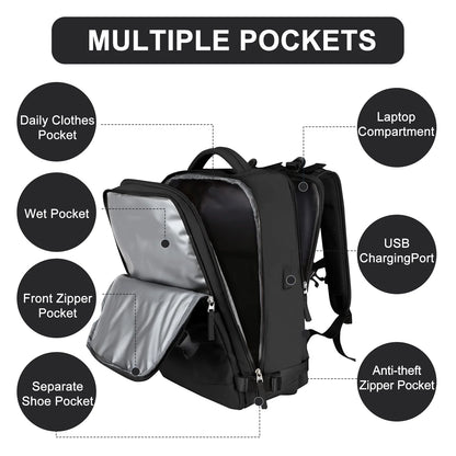 Large Travel Backpack for Women Men Laptop Bag Airline Approved Carry on Backpacks Waterproof anti Theft Gym Bags Hiking Flight Approved Luggage Casual Daypack, Standard, Black