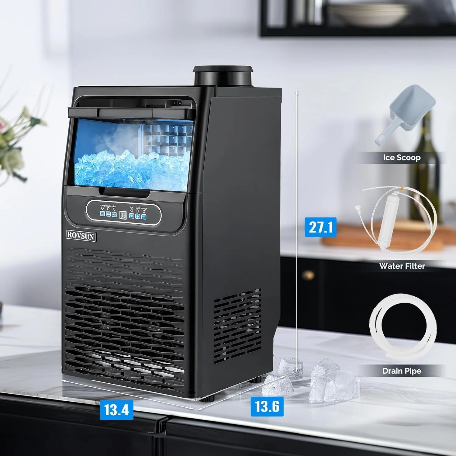 70LBS/24H Ice Maker Machine with 2 Water Inlets, Freestanding/Countertop Ice Machine with 11Lbs Storage Bin, Ice Scoop & Water Filter for Home Office Light Commercial Restaurant Bar Cafe Use