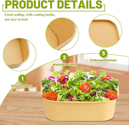 25 Oz 50 Pcs Paper Bowls, 750Ml Disposable Salad Bowls with Lid, Square Kraft Paper Bowls, Disposable Food Containers with Lids for Salad, Soup, Snacks, Desserts