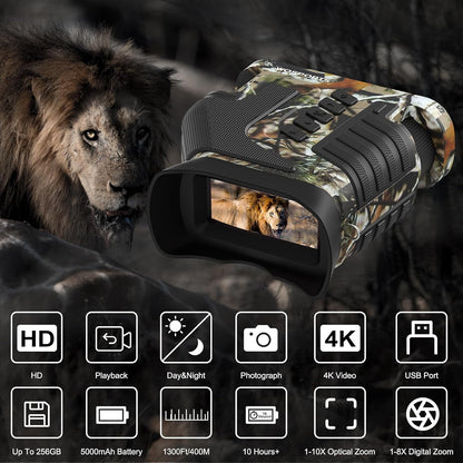 4K Night Vision Goggles– 10X Optical & 8X Digital Zoom, 1315FT Infrared Range, Rechargeable 5000Mah Battery, IPX Waterproof, Ideal for Camping